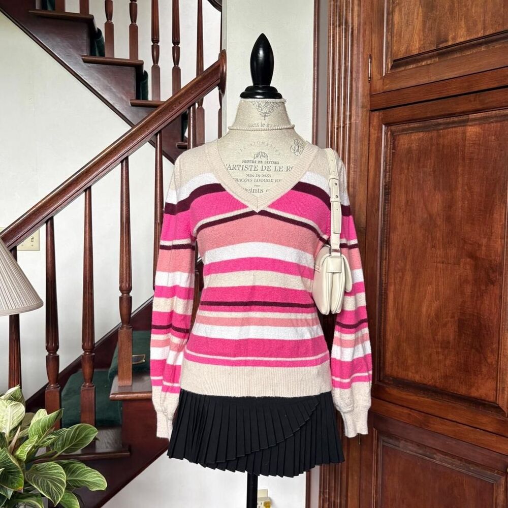 Loft Pink Stripe Pullover Sweater V Neck Love Femme Cute 90s Cotton